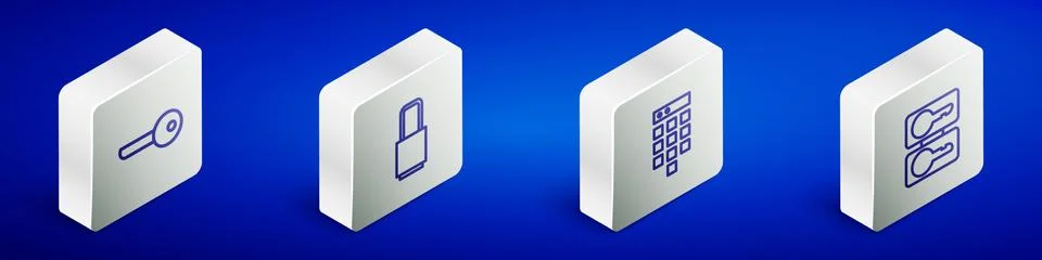 Set Isometric line Key, Lock, Password protection and Casting keys icon. Vector Stock Illustration