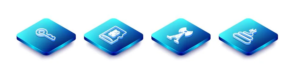 Set Isometric line Key, Micro SD memory card, Antenna and Shit icon. Vector Stock Illustration