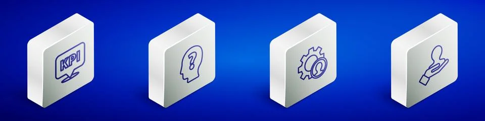 Set Isometric line Key performance indicator, Head with question mark, hunting Stock Illustration