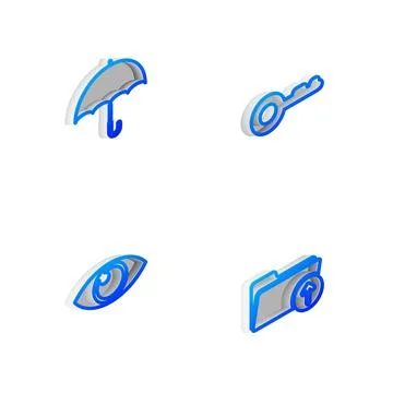 Set Isometric line Key, Umbrella, Eye and Download arrow with folder icon. Ve Stock Illustration