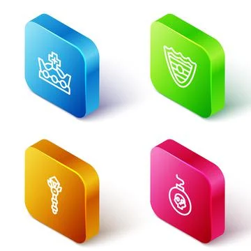 Set Isometric line King crown, Shield, Magic wand and Bomb ready to explode icon Stock Illustration