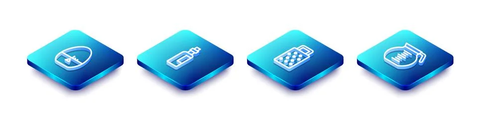 Set Isometric line Kitchen timer, Bottle of olive oil, Grater and Coffee pot Illustrazione stock