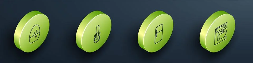 Set Isometric line Kitchen timer, Pizza knife, Refrigerator and Electric mixer Stock Illustration