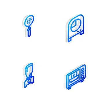 Set Isometric line Kitchen timer, Spatula, Blender and Microwave oven icon Stock Illustration