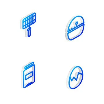 Set Isometric line Kitchen timer, Barbecue steel grid, Jam jar and Broken e.. Stock Illustration