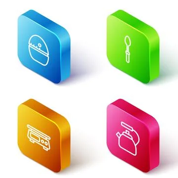Set Isometric line Kitchen timer, Teaspoon, Electronic scales and Kettle wi.. Illustrazione stock