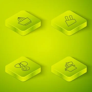 Set Isometric line Knife, Broken egg, Cooking pot and Citrus fruit juicer icon Stock Illustration