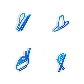 Set Isometric line Korean hat, Food chopsticks, Asian noodles in bowl and S.. 스톡 일러스트