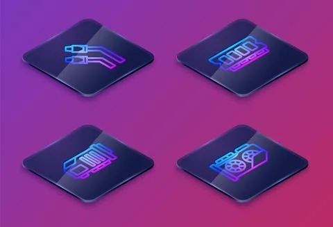 Set Isometric line LAN cable network internet, Video graphic card, RAM, random Stock Illustration