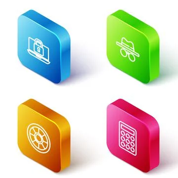 Set Isometric line Laptop and lock, Incognito mode, Safe and Password protection Stock Illustration