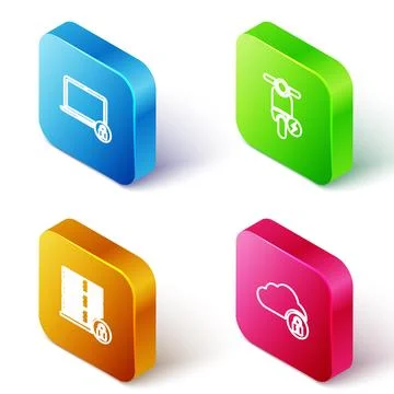 Set Isometric line Laptop and lock, Electric scooter, Server security with an Stock Illustration