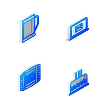 Set Isometric line Laptop with envelope, Glass of beer, Wooden barrel rum and Stock Illustration