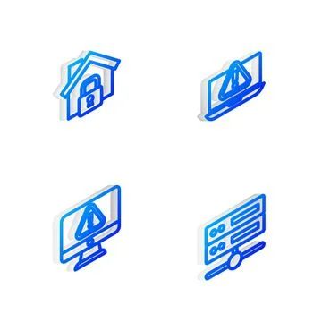Set Isometric line Laptop with exclamation mark, House under protection, Monitor Stock Illustration