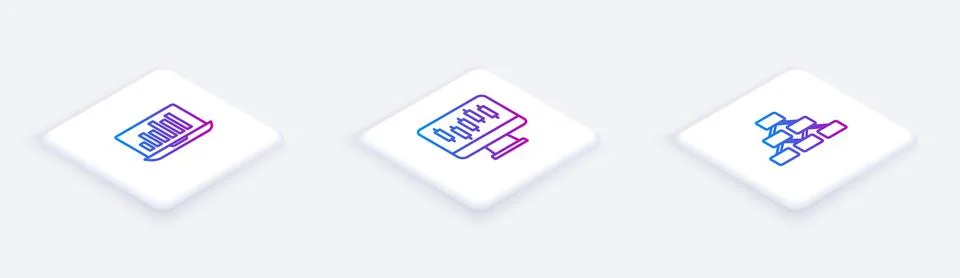 Set Isometric line Laptop with graph chart, Stocks market growth graphs and.. イラスト素材