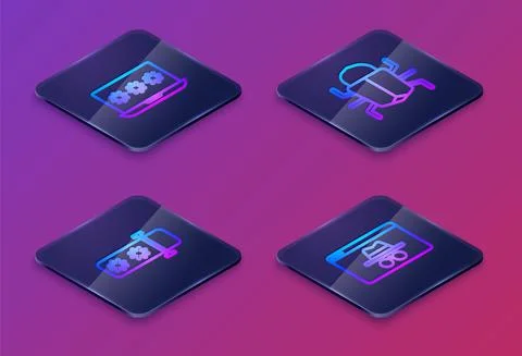 Set Isometric line Laptop with password, Password protection, System bug and 스톡 일러스트