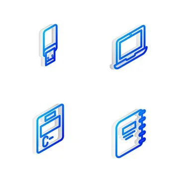 Set Isometric line Laptop, USB flash drive, Exam paper with incorrect answers Illustrazione stock