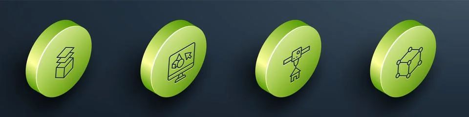 Set Isometric line Layers, 3D printer software, house and Isometric cube icon Ilustração Stock