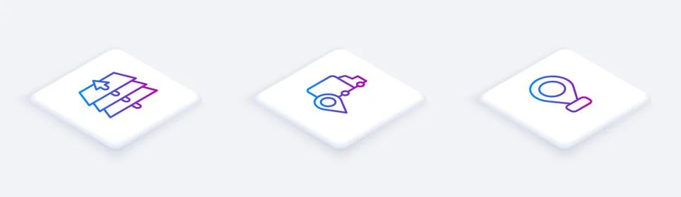 Set Isometric line Layers, Delivery tracking and Location. White square button Stock Illustration