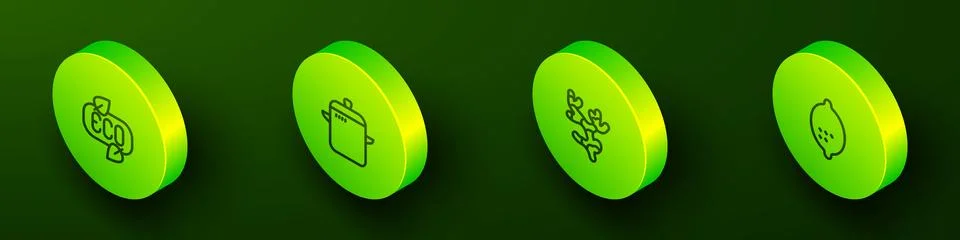 Set Isometric line Leaf Eco symbol, Cooking pot, Ginger root and Lemon icon Stock Illustration