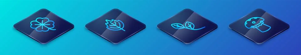 Set Isometric line Leaf, Four leaf clover, Mushroom and  icon. Vector Illustrazione stock