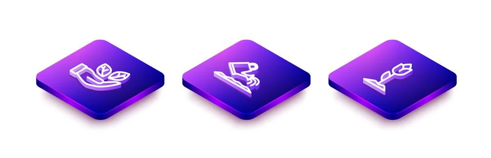 Set Isometric line Leaf in hand, Watering can and Flower tulip icon. Vector Stock Illustration