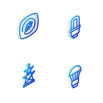 Set Isometric line LED light bulb, Electric plug, tower and icon. Vector イラスト素材