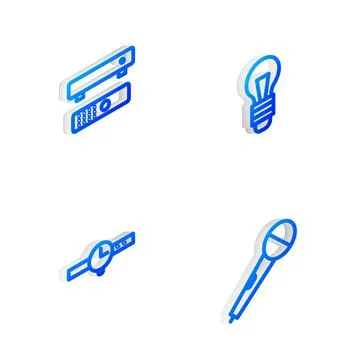 Set Isometric line Light bulb, Multimedia and TV box, Wrist watch and Microph Illustrazione stock