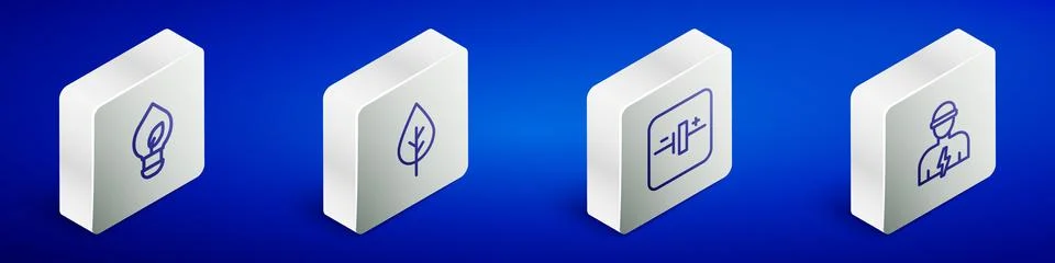 Set Isometric line Light bulb with leaf, Leaf Eco symbol, DC voltage source and Illustrazione stock