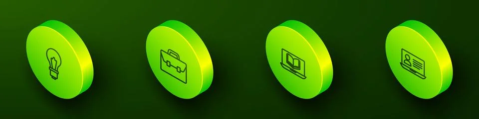 Set Isometric line Light bulb with idea, Briefcase, Online class and  icon... Illustrazione stock
