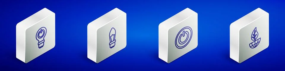 Set Isometric line Light bulb with lightning, , Power button and Earth globe  Stock Illustration