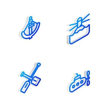 Set Isometric line Lighthouse, Anchor, Paddle and Submarine icon. Vector Stock Illustration