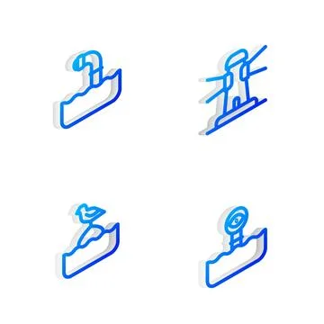 Set Isometric line Lighthouse, Periscope, Seagull sits on a buoy and icon Stock Illustration