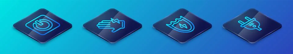 Set Isometric line Lightning and shield, Power button, Electric plug and glove Illustrazione stock