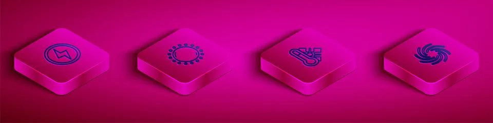 Set Isometric line Lightning bolt, Sun, Meteorology thermometer and Tornado icon Stock Illustration