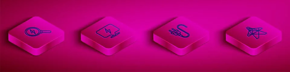 Set Isometric line Lightning bolt, , Electric plug and tower icon. Vector Stock Illustration