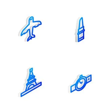 Set Isometric line Lipstick, Plane, Eiffel tower and Wrist watch icon. Vector Stock Illustration