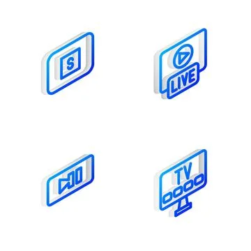 Set Isometric line Live stream, Stop media button, Pause and Smart Tv icon Illustrazione stock