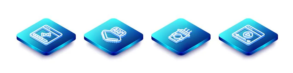 Set Isometric line Loading data window, Processor, Coffee cup to go and Online Illustrazione stock