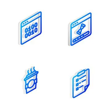 Set Isometric line Loading data window, Binary code, Coffee cup to go and Stock Illustration