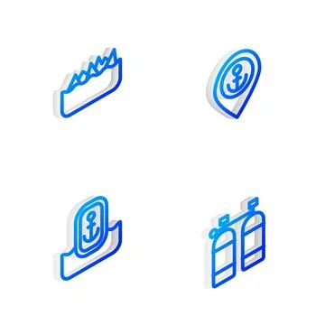 Set Isometric line Location with anchor, Sharp stone reefs,  and Aqualung i.. Stock Illustration