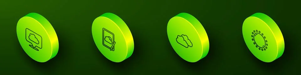 Set Isometric line Location cloud, Weather forecast, Cloud and Sun icon. Vector Illustrazione stock
