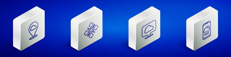 Set Isometric line Location cloud, Snowflake, and Weather forecast icon. Vector イラスト素材