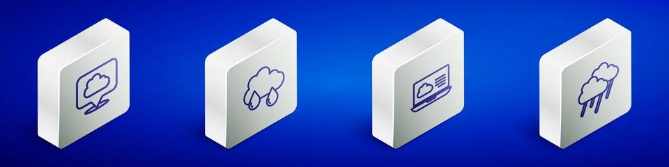 Set Isometric line Location cloud, Cloud with rain, Weather forecast and icon Stock Illustration