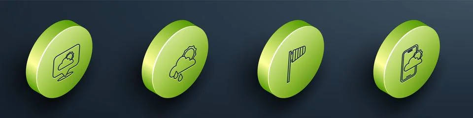 Set Isometric line Location cloud, Cloud with rain and sun, Cone windsock w.. Illustrazione stock