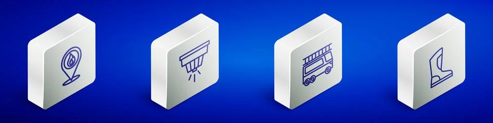 Set Isometric line Location with fire flame, Smoke alarm system, Fire truck and Stock Illustration