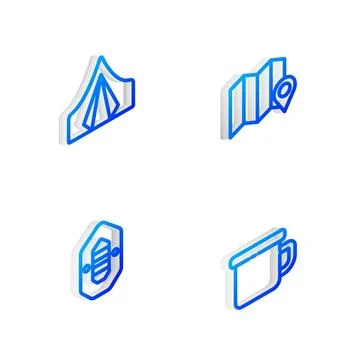 Set Isometric line Location of the forest on map, Tourist tent, Rafting boat  Stock-Illustration