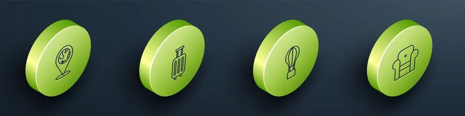 Set Isometric line Location on the globe, Suitcase, Hot air balloon and Armchair Stock Illustration