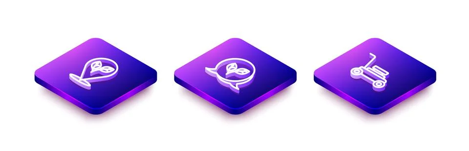 Set Isometric line Location with leaf, Leaf and Lawn mower icon. Vector Stock Illustration