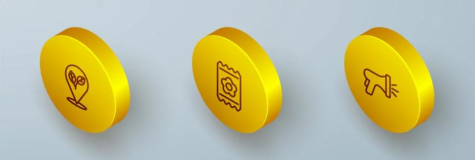 Set Isometric line Location with leaf, Pack full of seeds and Garden hose i.. Stock Illustration