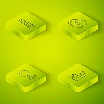 Set Isometric line Location, Push pin, Ship line path and Lighthouse icon. .. Stock Illustration